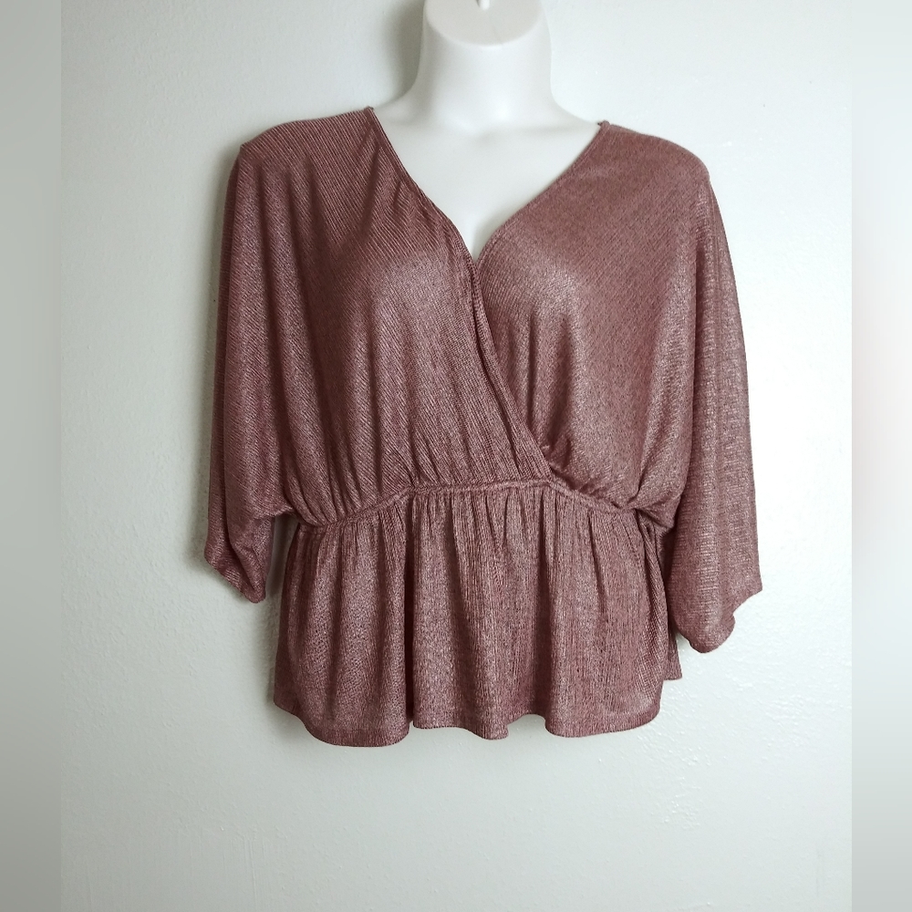 AQUA Curve Top Faux Wrap Women's Size 3X C Pink/Silver Batwing Sleeve Casual